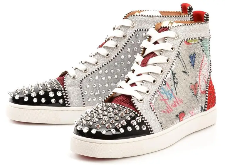 

High Top Graffiti Men Sneakers Unisex Sliver Spike Rivet Round Toe Lace Up Patchwork Designer Sequined Bling Flat Casual Shoes