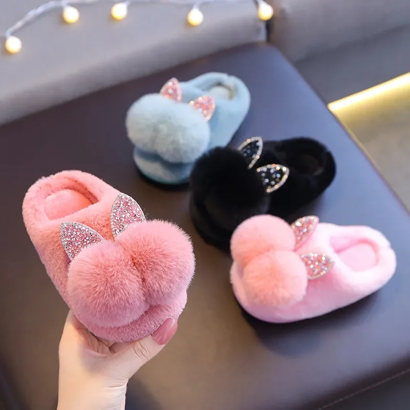 Baby Girls Cotton Slippers 2022 New Winter Children's Shiny Sequins Fur Slippers Boys Home Indoor Shoes Anti-slip Kids Slippers 2