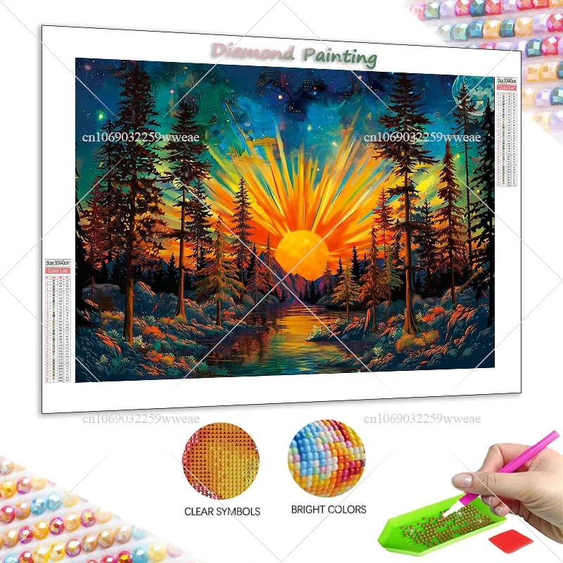 

Алмазная живопись восход солнца закат, алмазная вышивка, пейзаж, полная квадратная мозаика, Лес, дерево, картина Стразы, домашний декор