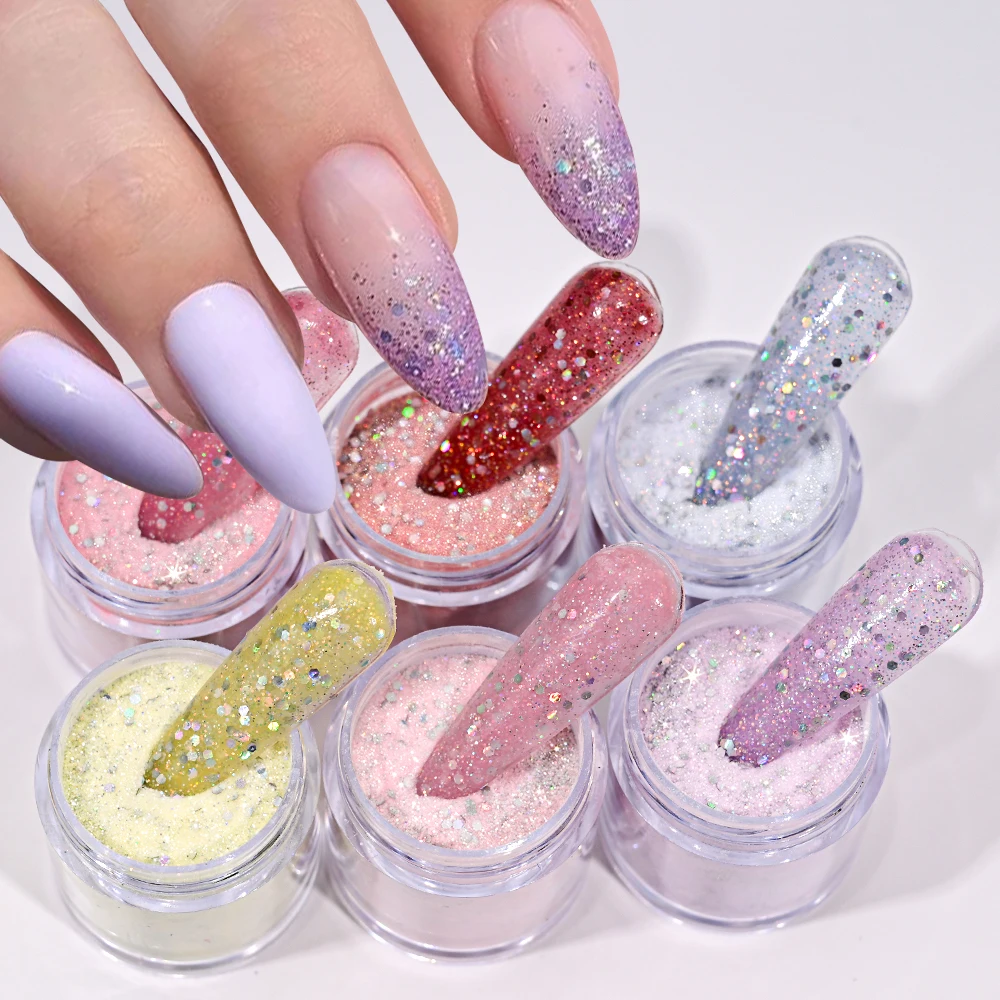 6Pcs/set Pink/Purple/Blue Acrylic Nail Powder Mix Glitter sequins 3-in-1 Professional Nail Extension/Carving/Dipping Powder 2
