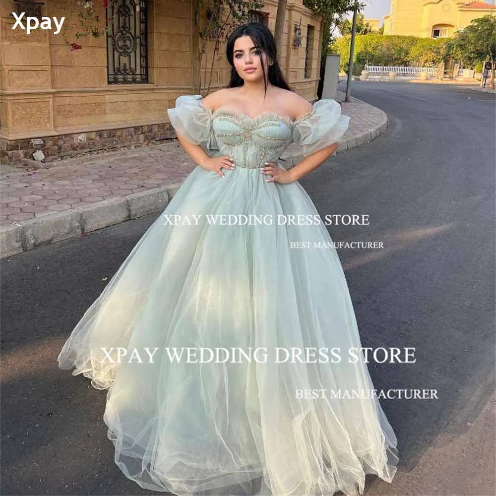 

XPAY Sweetheart Green Evening Dresses Short Puff Sleeve Sequins Beadings Long Prom Gowns Photos Shoot A Line Formal Party Dress