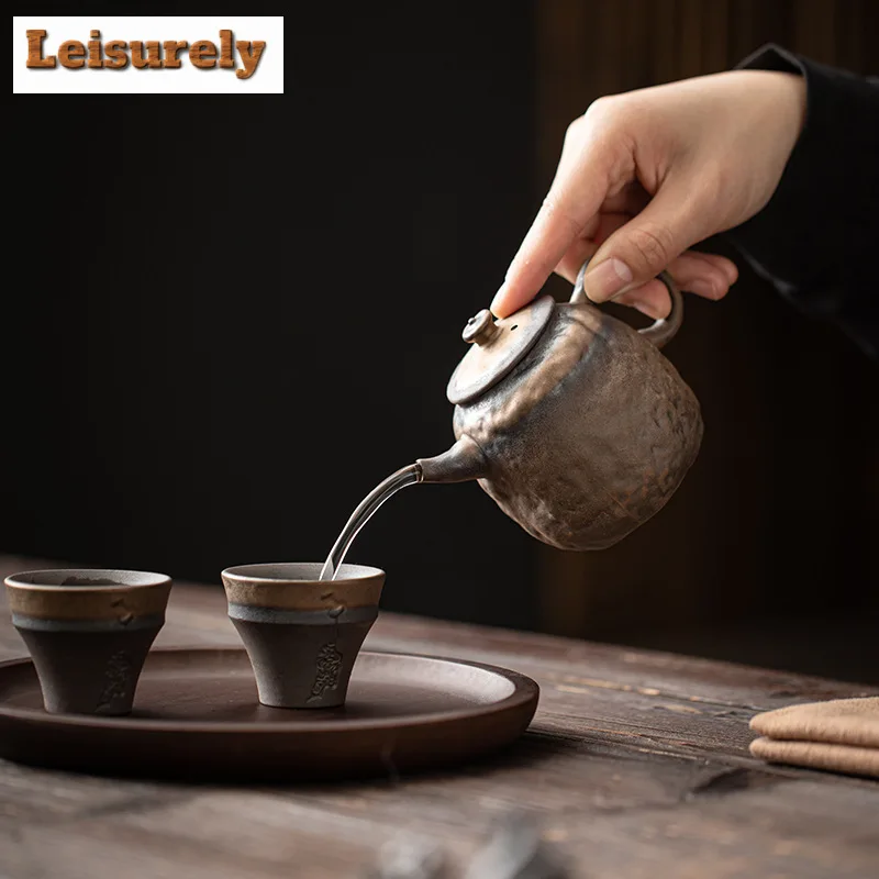 220ml Handmade Gilded Iron Glazed Teapot Old Rock Mud Stubborn Stone Pot Tea Brewing Kettle with Infuser Puer Tea Items Craft