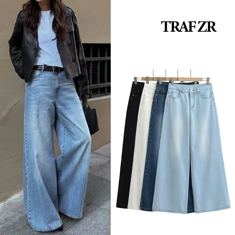 

TRAF ZR Loose Flare Jeans Low Waist Full Length Women's Wide Leg Denim Pants Baggy Pants High Street Women Jeans
