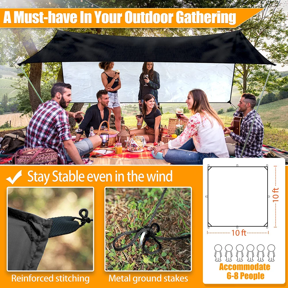 300x300cm Hammock Tarp outdoor awnings rainproof tarpaulin Waterproof Lightweight Rain Tarp Shelter Shade Tent With Ropes Awnings for Camping Picnic Fishing