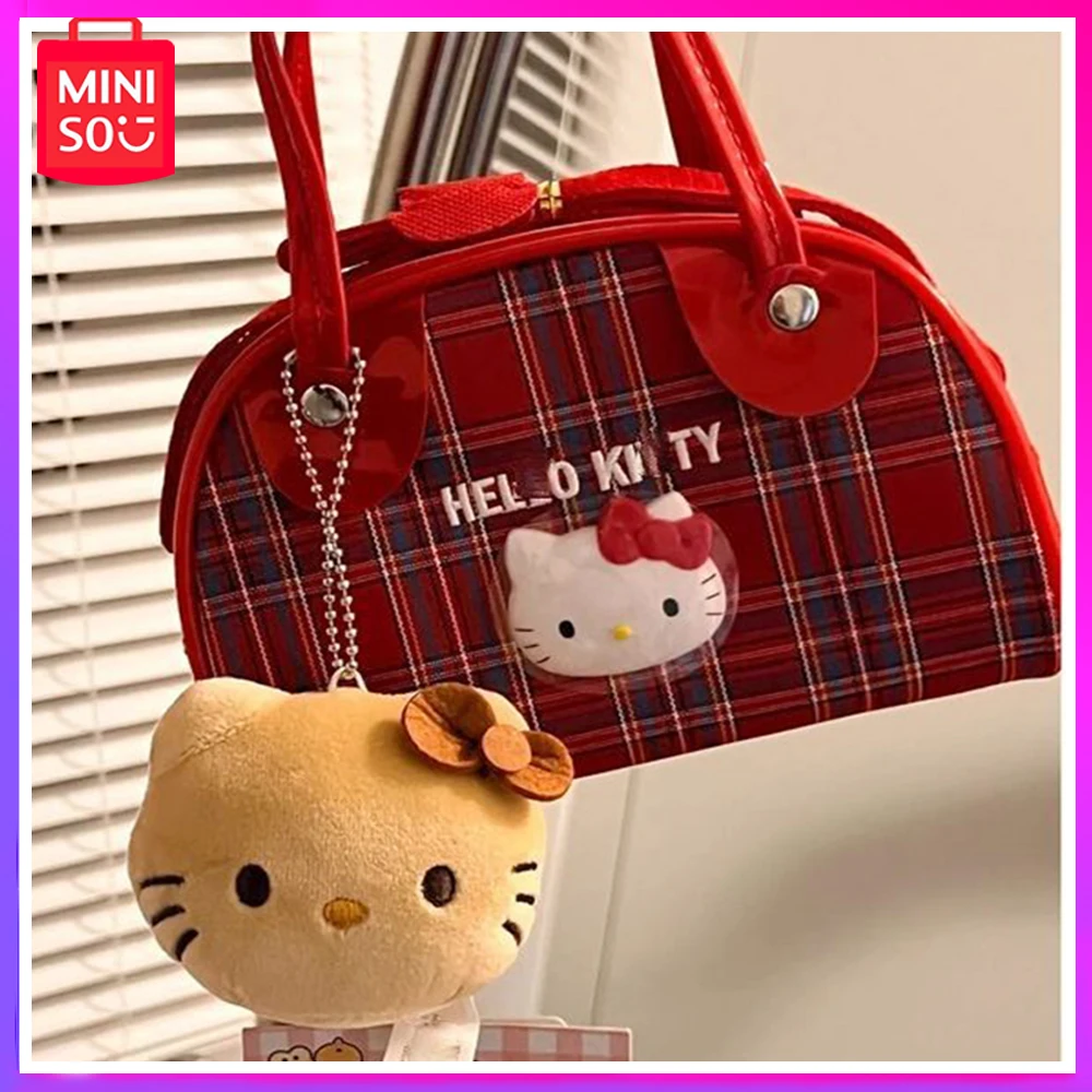 

2024 Miniso Sanrio Hello Kitty Vintage Plaid Shoulder Bag Y2K Millennial Spice Girl Cute Mini Tote Bag Kawaii Red Birthday Gifts