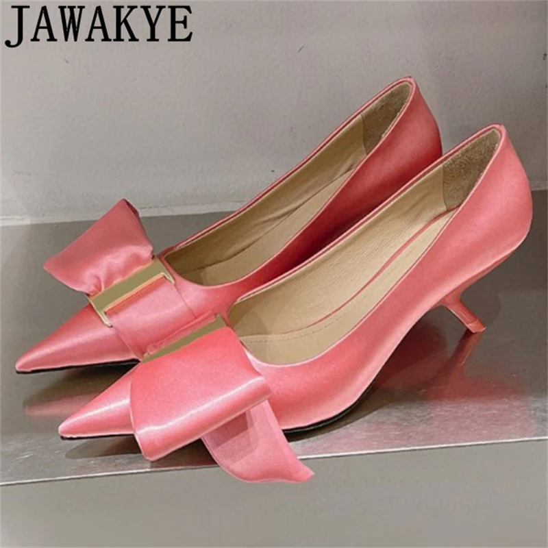 

2024 Summer Pointed Toe Bowknot Satin Kitten Heel Shoes Women Designer Fashion Single Shoes Sexy Party Dress Pumps Shoes Femme
