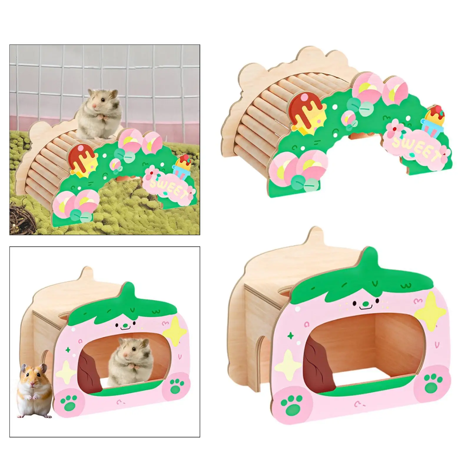Hamster Bridge Habitat Decor Climbing Ladder Wooden Hiding Hut Reptile Hideout for Hamsters Other Small Pets Tortoise Rats Mice