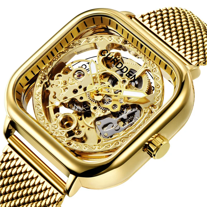 CURDDEN Brand Watches For Men Fashion Stainless Steel Band Golden Hollow Out Automatic Mechanical Watch Relogio Masculino Ouro