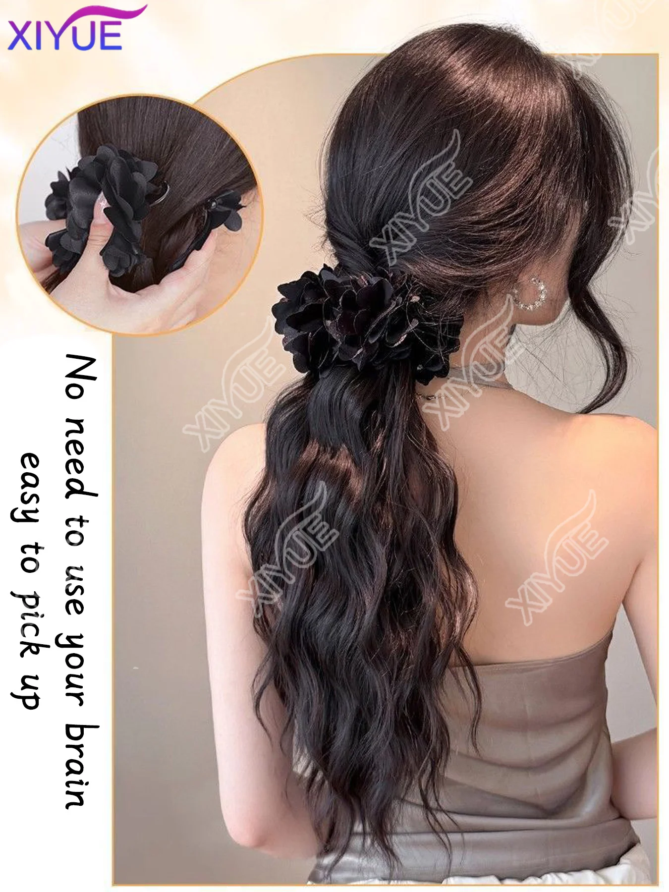 XIYUE Synthetic Long Curly Wig Claw Clip Fluffy Flower Clip in Ponytail Wig Red Black Wig Hair Clip Hair Accessories