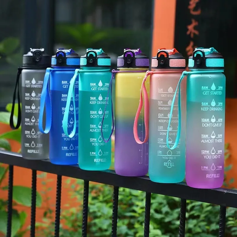 1000ML Sports Water Bottle Gradient Color Plastic Bounce Cap Straw Cup Portable Fitness Bike Cup Gym Camping Tour Water Bottle