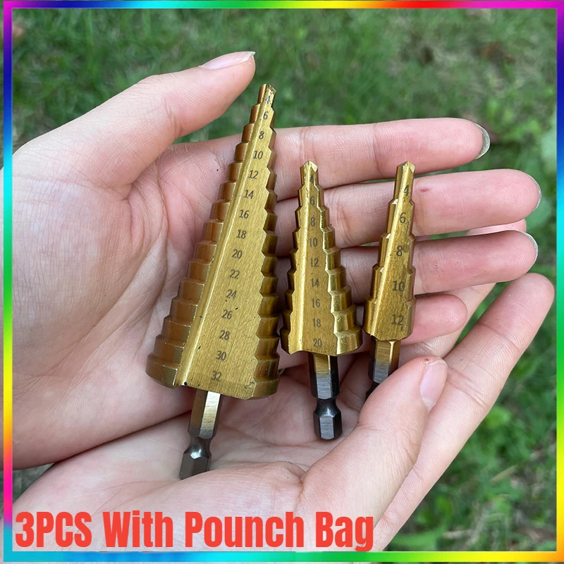 3PCS HSS Step Drill Bit Sets Straight Groove Titanium Coated Cone Hole