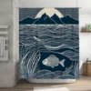 Modern Artistic Blue and White Fish and Mountain Pattern Waterproof Shower Curtain for Stylish Bathroom Decor, Easy Instal 1