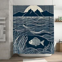 Modern Artistic Blue and White Fish and Mountain Pattern Waterproof Shower Curtain for Stylish Bathroom Decor, Easy Instal 1
