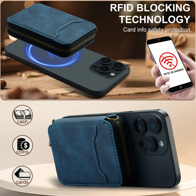 Luxurious MagSafe Magnetic Leather Flip Wallet Phone Case with Zipper Card Holder