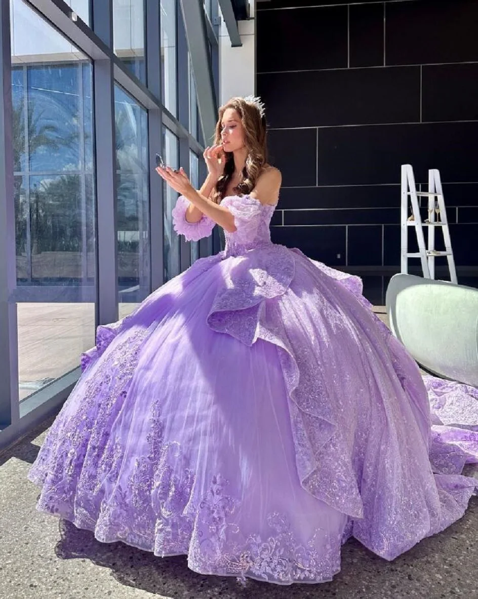 Princess Fairy Quineanera Dresses with Sleeves Lilac Purple Luxury Applique  vestidos de 15 años quinceañeras 2024 victorian 2024 - AliExpress, image size:944x1183