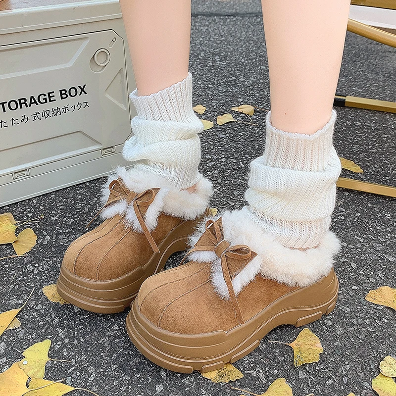 Winter New Baotou Slippers for Women Round Head Deep Mouth Suede Butterfly Knot Thick Bottom Non-slip Cotton Drag 2