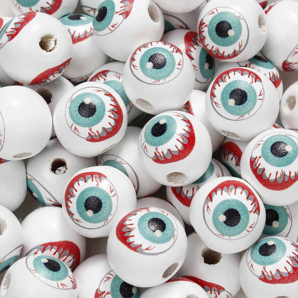 150 Perline In Legno Per Halloween – Formato 16 Mm – Fantasmi E Colori Rosso, Nero, Bianco Con Corda – Fai Da Te Gioielli E Decorazioni
