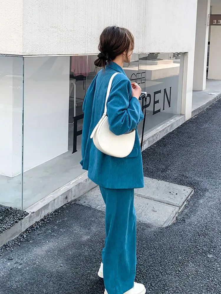 Blue Corduroy Set Women's Korean Edition Loose Spring and Autumn New Casual Popular Suit Two Piece Set Trendy