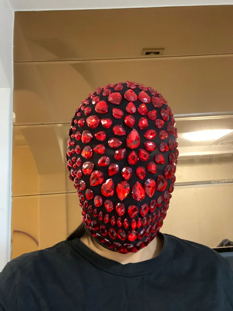 

Red Diamond Full Face Mask Handmade Cosplay Punk DJ Stage Dancer Nightclub Headwear Masquerade Carnival Party Rhinestone Mask