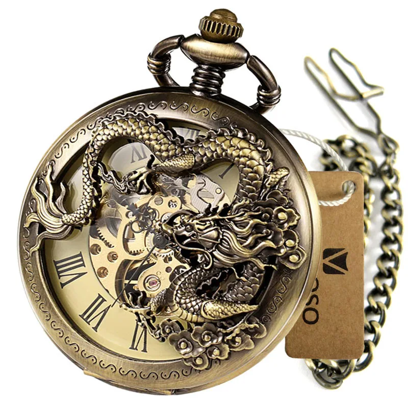 빈티지 기계식 주머니 시계 해골 더블 헌터 클래식 Steampunk 골동품 Chinses Dragon FOB 시계 체인