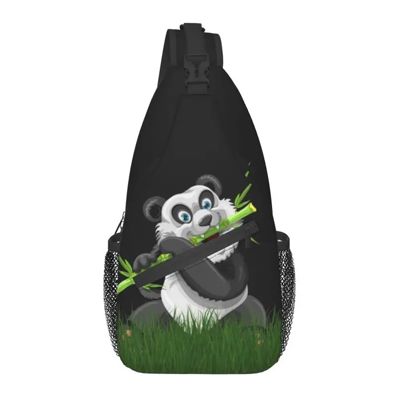 

Cute Cartoon Panda Eating Bamboo In Grass Sling Crossbody Backpack Men Custom Animal Chest Shoulder Bag for Traveling Daypack