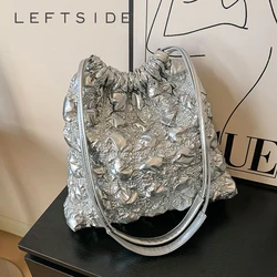 LEFTSIDE Korean Fashion Big Pleated Plaid Silver Quilted Padding Women's Nylon Underarm Shoulder Bag New Bag Handbag 2023 Y2K