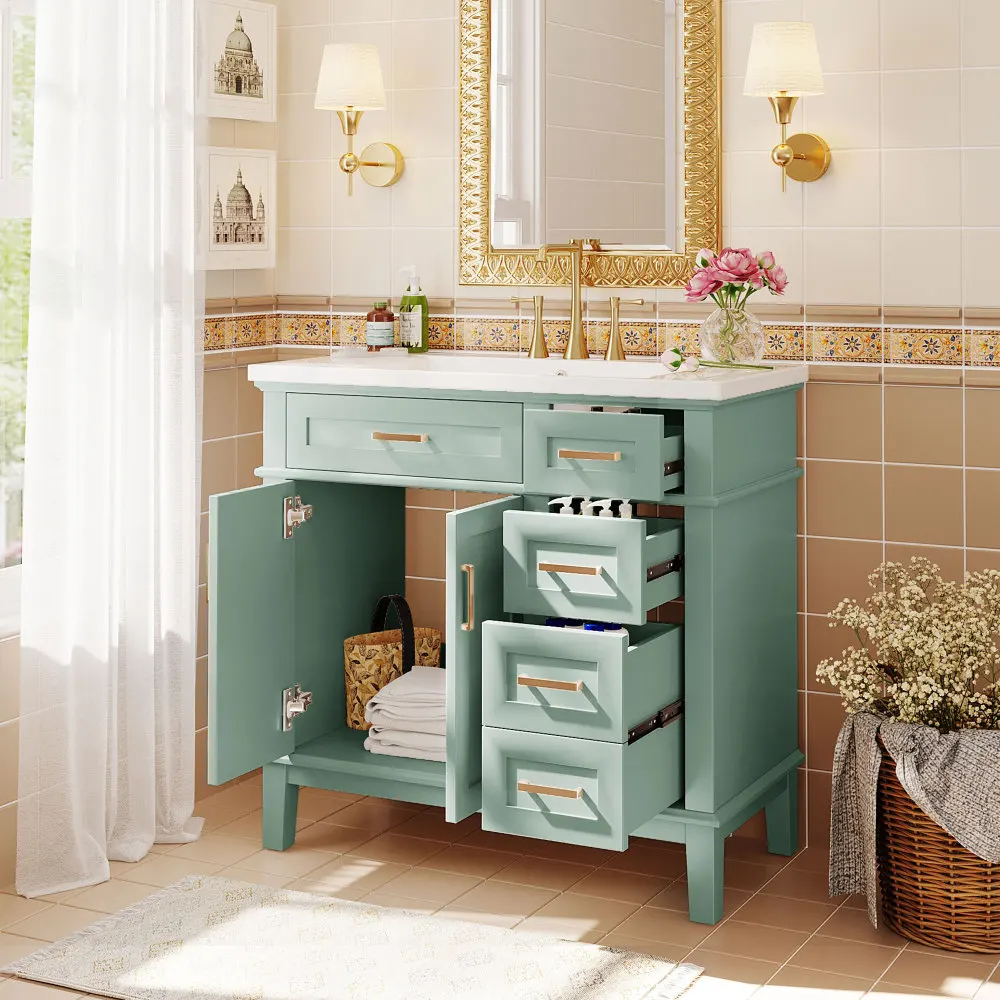 36-inch Bathroom Vanity with Resin Sink, Modern Bathroom Cabinet in Blue, Featuring Two Soft Close Doors and Four Drawers 6