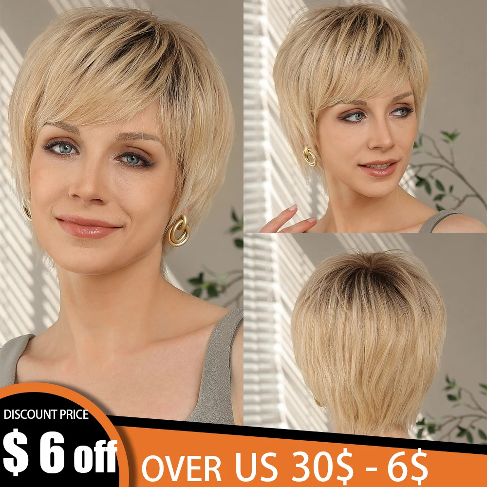 

100% Remy Human Hair Ombre Blonde Lace Front Wigs with Bangs Pixie Cut Hairs Short Straight Layered Wigs for Women Bob Human Wig