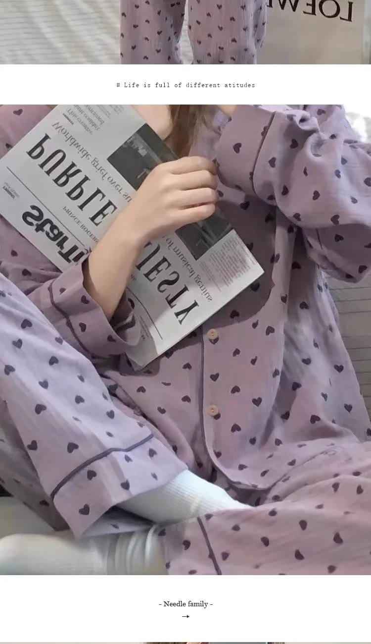 Neue lila Herz süße Stil Homewear Frühling/Herbst Saison Premium langärmelige Pyjamas Damen Schlafsaal tragen Oberbekleidung Set – Detail 8