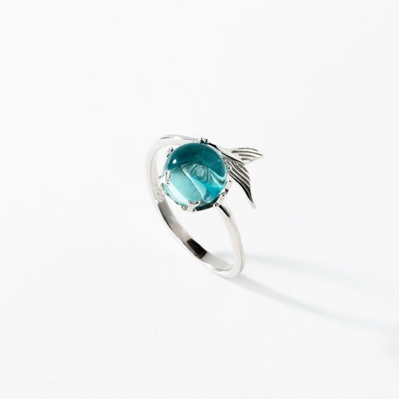 WYEAIIR 925 Sterling Silver Mermaid Blue Crystal Fish Tail Whale Resizable Opening Ring For Women Luxury Jewelry 5