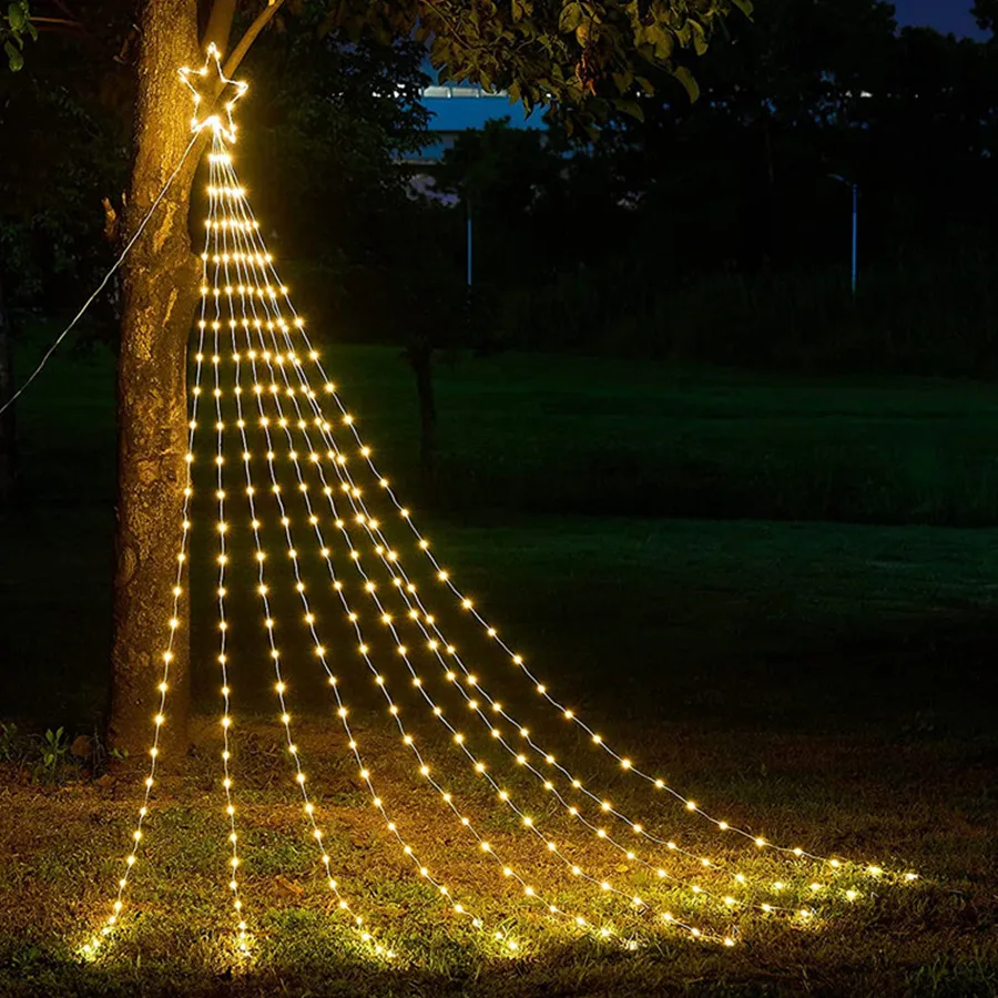Lámpara LED de cascada para árbol de Navidad, luces de hadas de carámbano  para decoración de Año Nuevo, 8 modos, 9x2M - AliExpress, image size:900x900