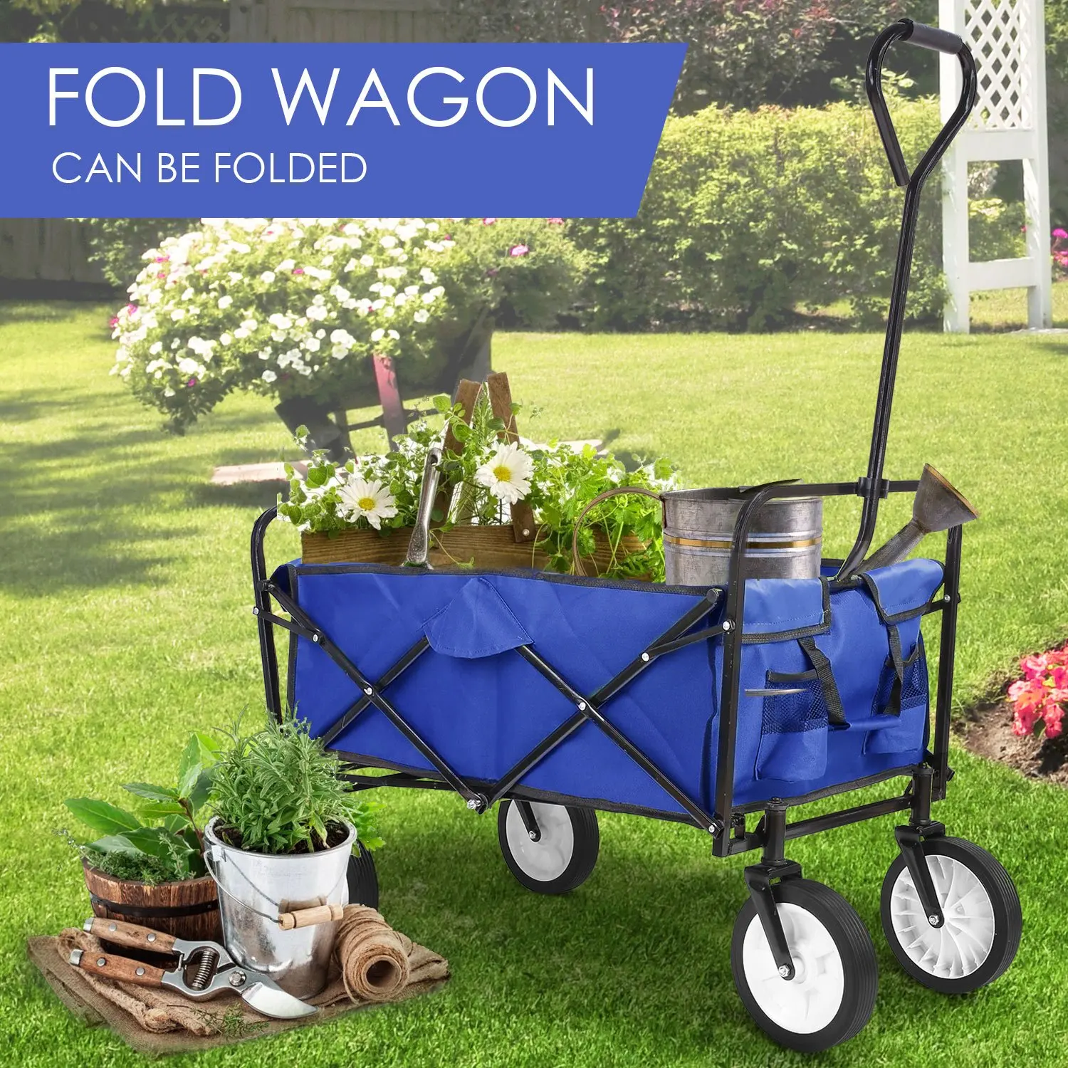 Collapsible Folding Wagon Garden Cart Beach Grocery Wagon for Shopping Park Picnic, Beach Trip, Outdoor Activities, Camping