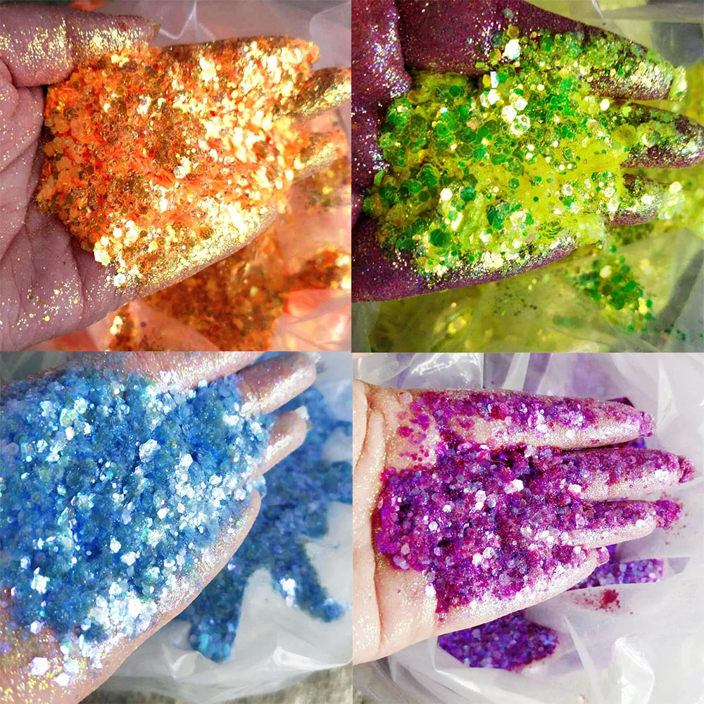 

50G Holographic Mixed Hexagon Chunky Irediscent Nail Art Glitter Flakes Laser Sparkly Sequins Resin Slices Nail Art Decoration