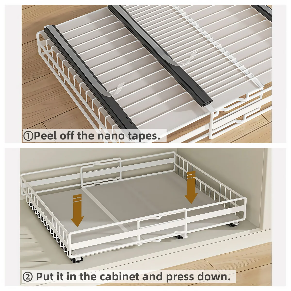 2 Pack Pull Out Cabinet Organizer, Expandable(12"-20") Slide Out Drawers 3 Slide Rails Fix with Adhesive or Screw, Roll Out