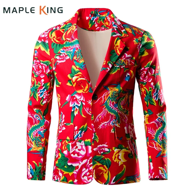 Vintage Chinese Style Men Blazer Suit Dongbei Floral Printed Cotton Blazer Slim Masculino Party Dress Suits for Men Jacket Coats
