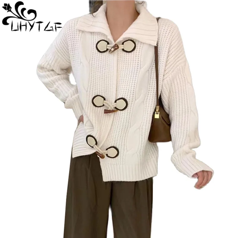 

Вязаный кардиган UHYTGF 2022, женский свитер, пальто, модные осенние свитера с пуговицами-рогами, куртка, женские милые топы для студенток, 1920