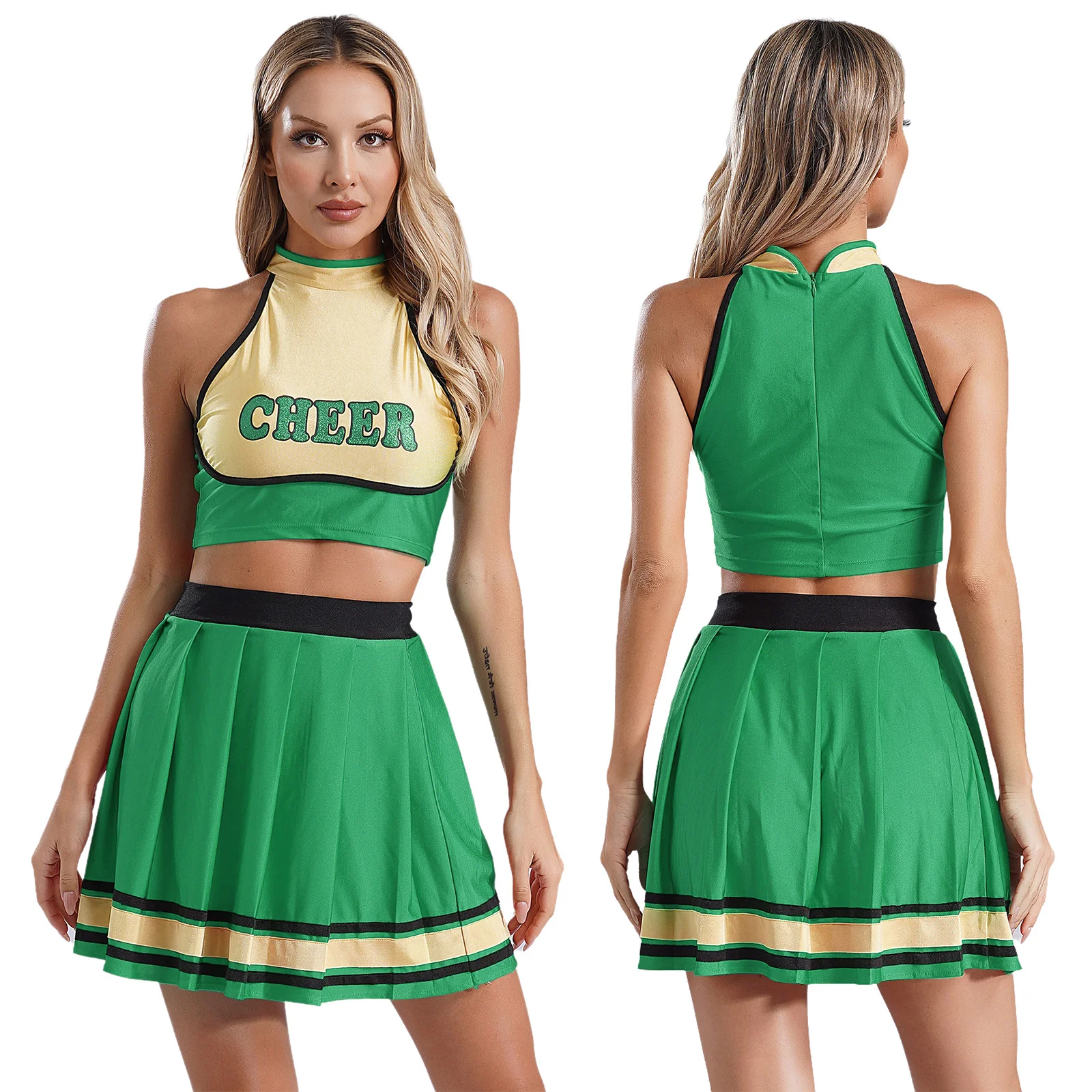 thumbnail image 1 of Uniforme de porristas para mujer, traje de baile moderno, trajes de Cosplay para niñas, Top corto estampado con letras y Falda de patinaje plisada, 1 of 5