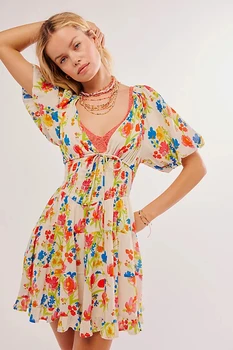 Women Mini Dress Floral Print Tie-Up Front Short Sleeve Dress Summer Casual A-line Dress 1