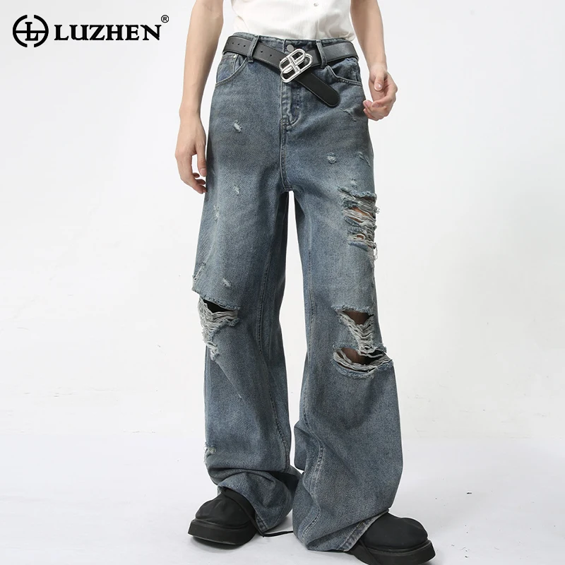 

LUZHEN Personality Trendy Hollow Splicing Design Washed Jeans Original New Fashion High Street Men's Straight Denim Pants LZ3440