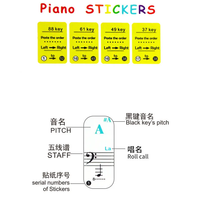 Colourful Transparent piano keyboards sticker Removable Piano Stickers 49/61/76/88 Key Stave Note Sticker Symbol for beginners