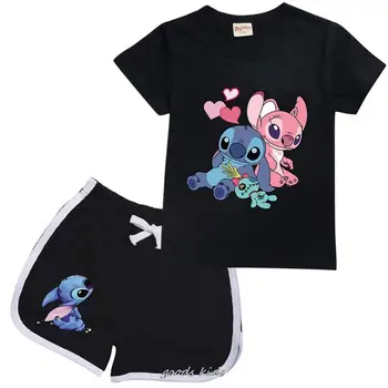 Lilo And Stitch Children T-shirt Summer New Kids Girls Clothing of Cotton Children's Short-sleeved Pants Two-piece Suit 2-16Y
