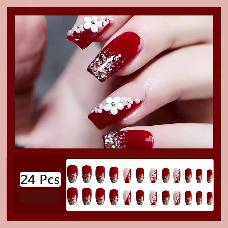 أظافر مربعة مزيفة على الطراز الفرنسي للنساء ، ضغط...