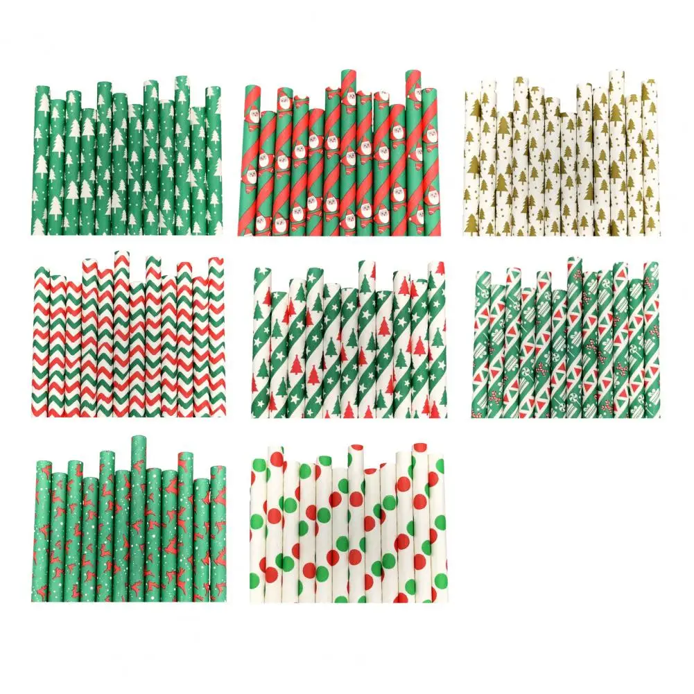 100Pcs Christmas Straws Festive Print Disposable Paper Drinking Straws Biodegradable Paper Christmas for New Year Party