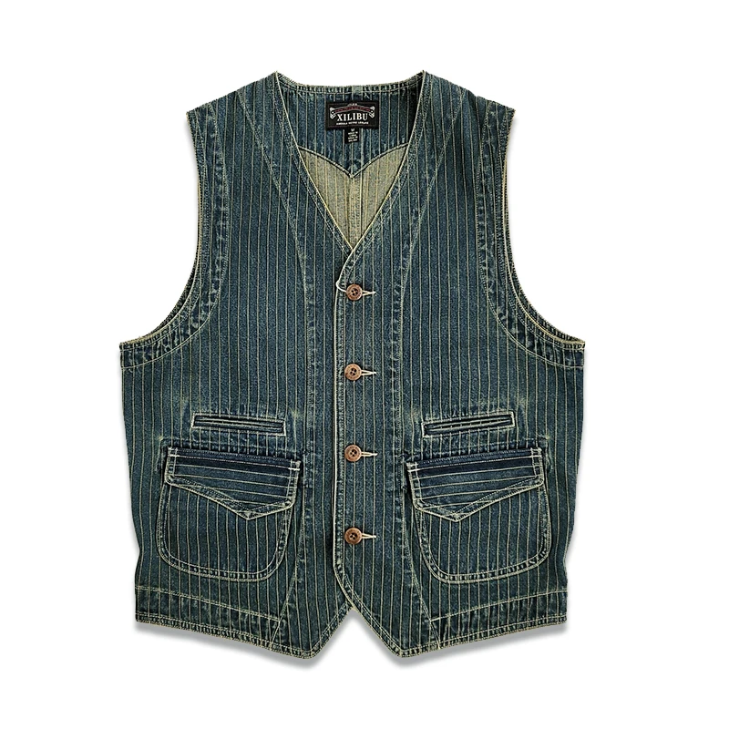 Men's Denim Vest Striped Pockets Slim Fit Western Safari Waistcoat ...