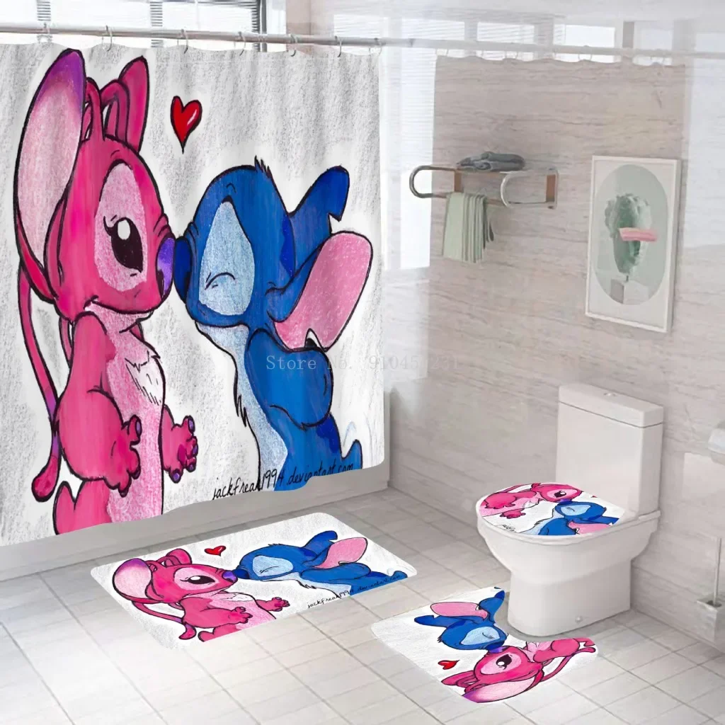 Disney 3D Lilo Stitch Bathroom Shower Curtain Waterproof Curtains Bathroom Hook Set Soft Bath Mat Toilet Carpet Rugs