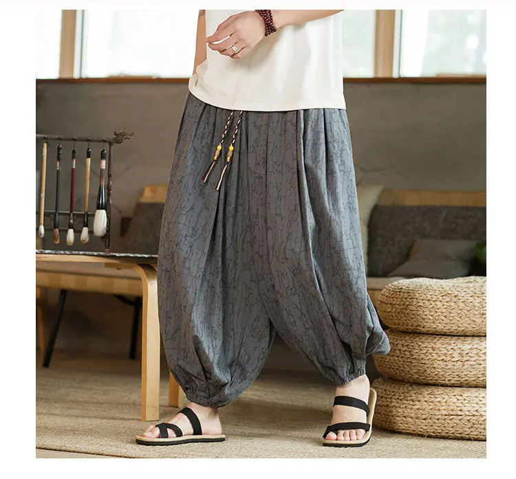 Description Picture 4 of itemPants Men Japanese Kimono Traditional Mens Cotton Linen Wide-leg Pants Japanese Samurai Casual Loose Hip Hop Men Yukata Trousers
