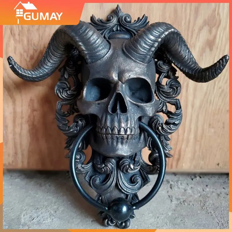 Door Knocker Horned Skull Statues Hanging Door Knocker Vintage Iron Shofar Heavy Duty Gothic Doorknocker Door Handle Perfect Decoration Home