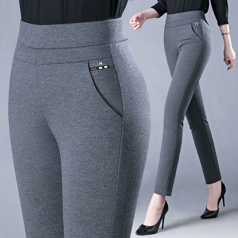 

Spring Autumn Elegant High Waist Casual Stretch Slim Middle Aged Women Trousers Ladies Fashion All Match Black Gray Pencil Pants