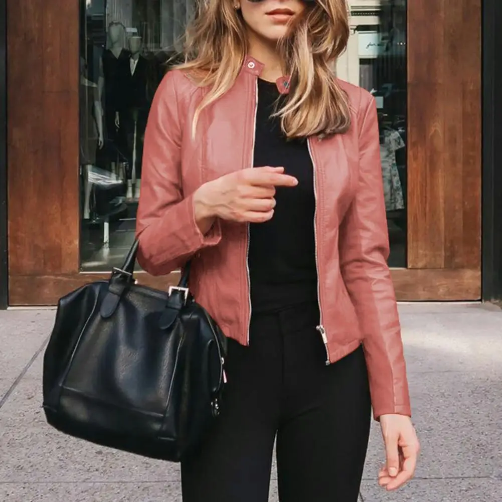 

Women Fall Spring Jacket Smooth Faux Leather Outwear Long Sleeve Windproof Stand Collar Slim Fit Lady Commute Motorcycle Coat