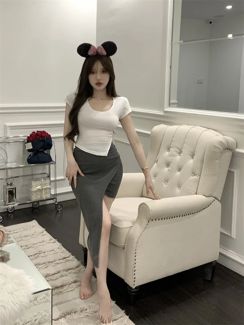 Summer Korean Fashion Y2K T-shirt Woman Japane Crop Top U-neck Split Sexy Red Pink White Tee Shirt Women Vintage767_voghion.com